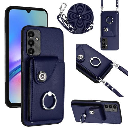 Funda para Teléfono Samsung Galaxy A15 4G con Soporte para Anillo y Bolsa para Tarjeta con Cordón Largo (Azul)