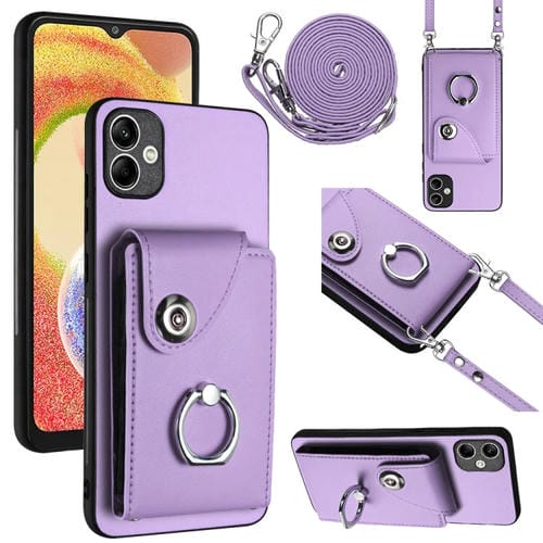 Funda para Teléfono Samsung Galaxy A05 con Soporte para Anillo y Bolsa para Tarjeta con Cordón Largo (Púrpura)