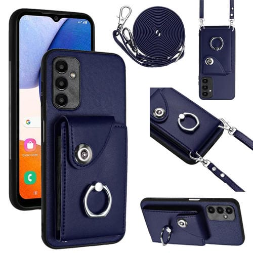 Funda para teléfono Samsung Galaxy A34 5G con soporte para anillo y bolsa para tarjeta con cordón largo (Azul)