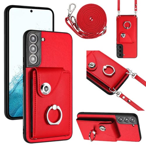 Funda para Teléfono Samsung Galaxy S21 FE 5G con Soporte para Anillo y Bolsa para Tarjeta con Cordón Largo (Rojo)