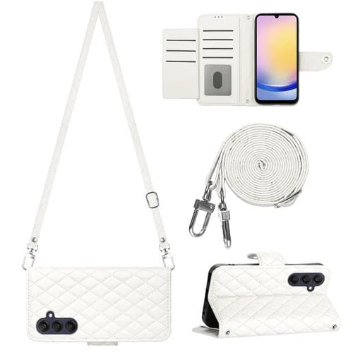 Funda para Samsung Galaxy A15 5G de Cuero con Tapa Textura Rómbica y Cordón Largo (Blanco)