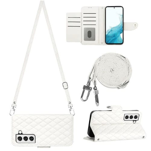 Funda de Cuero para Samsung Galaxy S22+ 5G con Tapa Textura Rómbica y Cordón Largo (Blanco)