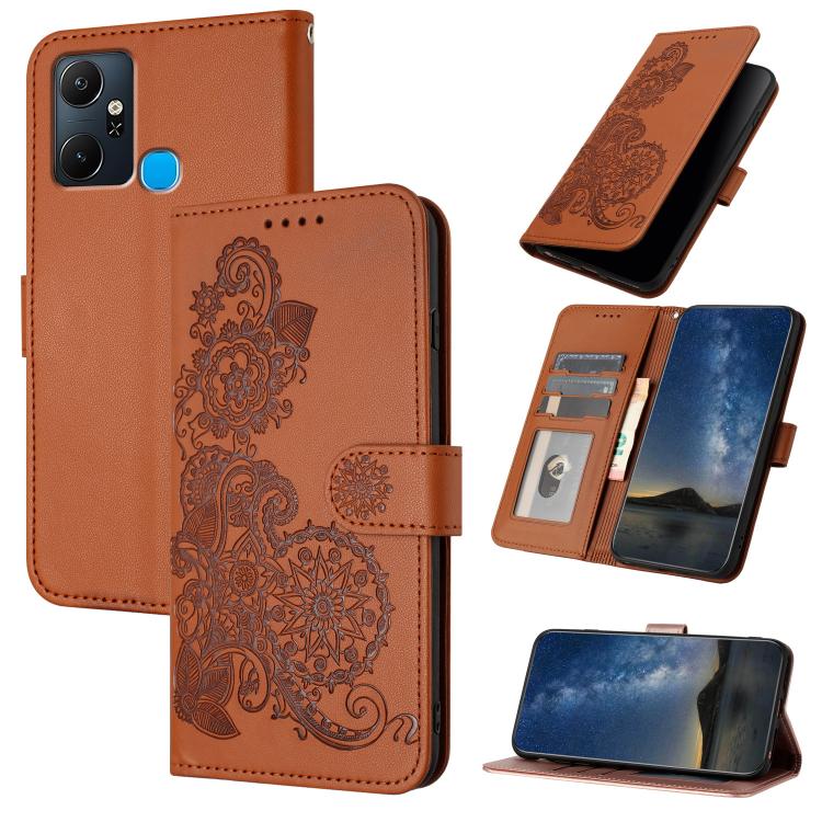 Funda de Cuero con Tapa para Teléfono Infinix Smart 6 Plus con Relieve Flor de Datura (Marrón)