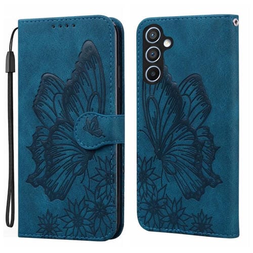 Funda de cuero con tapa horizontal y diseño retro de mariposas en relieve para Samsung Galaxy A17 5G/A26 5G (azul)