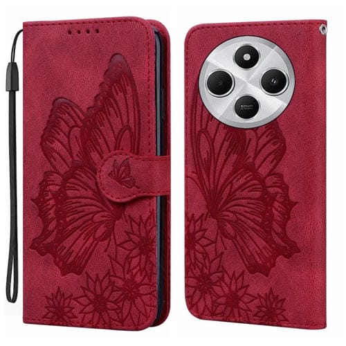 Funda de Cuero con Tapa Horizontal y Diseño de Mariposas En Relieve con Tacto Retro para Redmi A4 5G (Rojo)