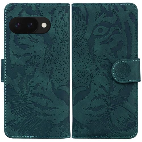 Funda de Cuero con Tapa y Estampado de Tigre para Google Pixel 9A (Verde)