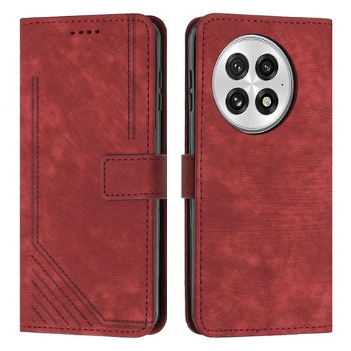 Funda de Cuero con Diseño de Rayas y Tacto de Piel para OnePlus 13 con Cordón (Rojo)