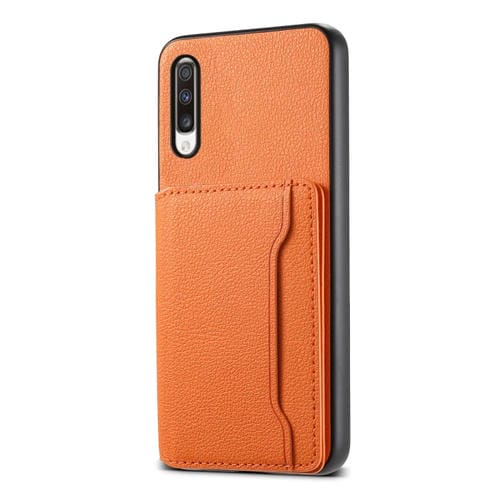Funda para Teléfono Samsung Galaxy A70 Diseño Bolsa para Tarjetas Textura Becerro (Naranja)