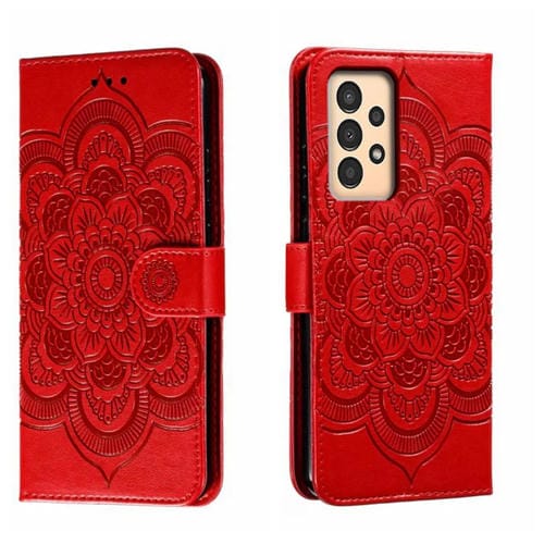 Funda de Cuero Samsung Galaxy A13 Sun Mandala con Patrón en Relieve (Rojo)