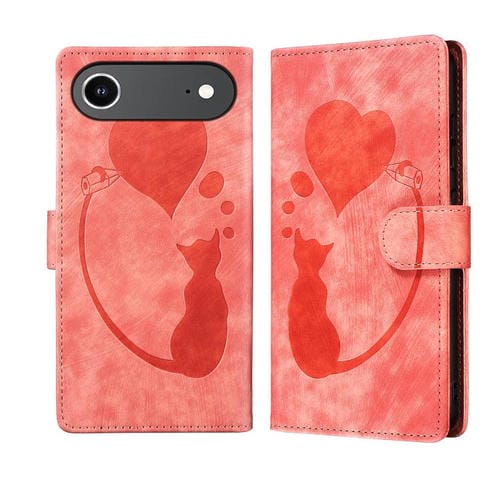 Funda de piel con relieve de gato y corazón para iPhone 17 Air Pen (naranja)