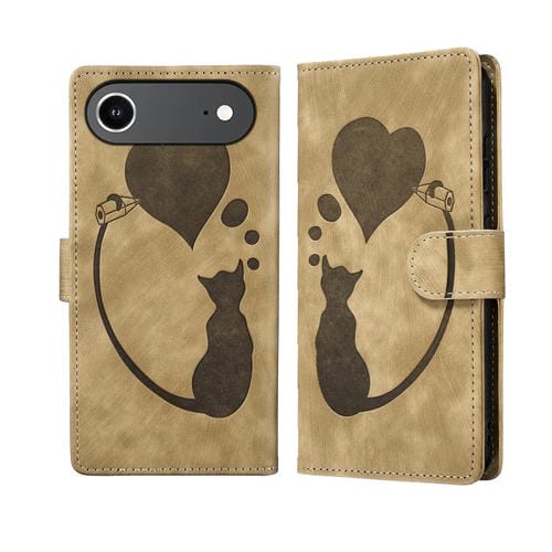 Funda de piel con relieve de gato y corazón para iPhone 17 Air Pen (albaricoque)