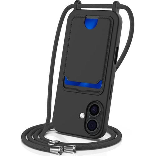 Funda de silicona líquida de color sólido con tarjetero integrado para iPhone 17 y cordón (negra)