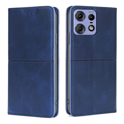 Funda de Cuero Magnética con Textura de Vaca para Motorola Edge 50 Pro 5G (Azul)