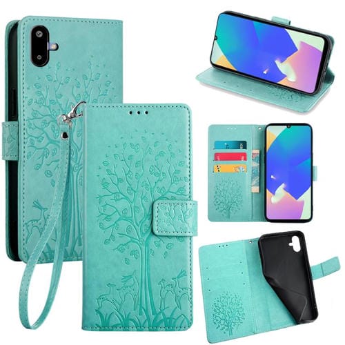 Funda de piel con relieve de árbol y ciervo para Samsung Galaxy F06 5G (verde)