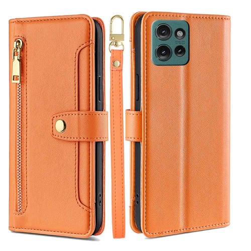 Funda de Cuero Tipo Billetera con Cremallera y Textura de Oveja para Motorola Edge 50 5G (Naranja)