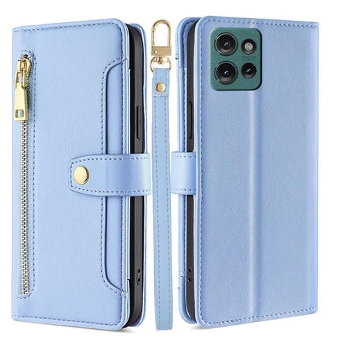 Funda de Cuero Tipo Billetera con Cremallera y Textura de Oveja para Motorola Edge 50 5G (Azul)