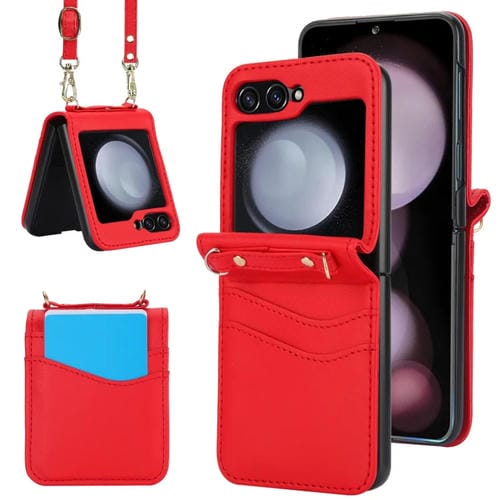 Estuche plegable para teléfono Samsung Galaxy Z Flip5 con ranuras para tarjetas duales (Rojo)