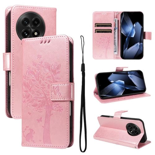 Funda de Cuero con Tapa para OnePlus 13 con Diseño de Árbol y Gato en Relieve (Oro Rosa)