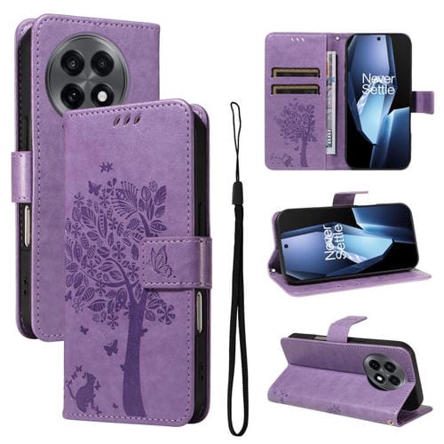 Funda de Cuero con Tapa para OnePlus 13R Global con Diseño de Árbol y Gato En Relieve (Morado Claro)
