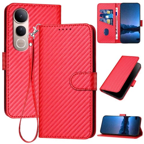 Funda de Cuero con Hebilla de Fibra de Carbono y Cordón para Vivo V50 Lite 4G/5G Yx0070 (Roja)