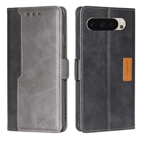 Funda de Cuero con Hebilla Lateral y Color en Contraste para Google Pixel 9 (Negro y Gris)