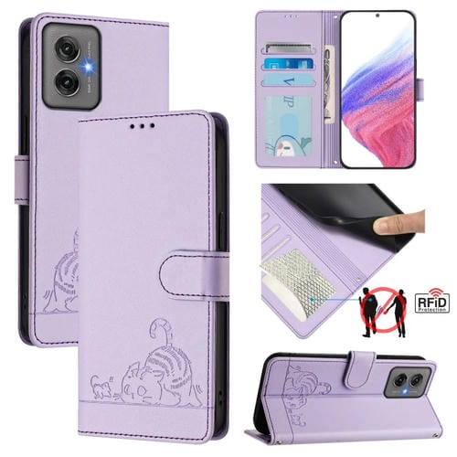 Funda de Cuero Rfid para Motorola Moto G55 con Estampado de Rata y Gato y Cordón (Morado)