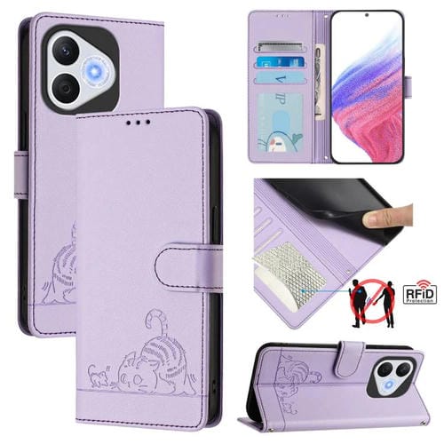 Funda de Cuero RFID para Honor 400 Lite con Estampado en Relieve de Gato y Rata y Cordón (Morado)