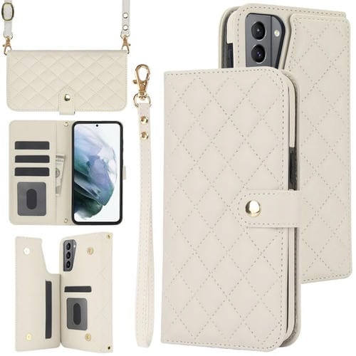 Estuche para Teléfono Samsung Galaxy S22 + 5G Crossbody Cuero Rómbico Multifunción (Blanco)