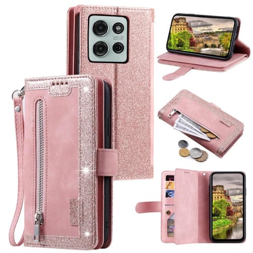 Funda de Cuero con Cremallera y Cordón para Motorola Moto G75 5G (Rosa)