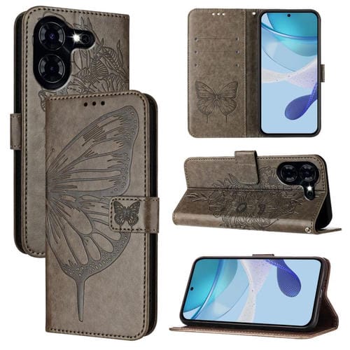 Funda de piel con diseño de mariposa en relieve para Tecno Pova 5 4G (gris)