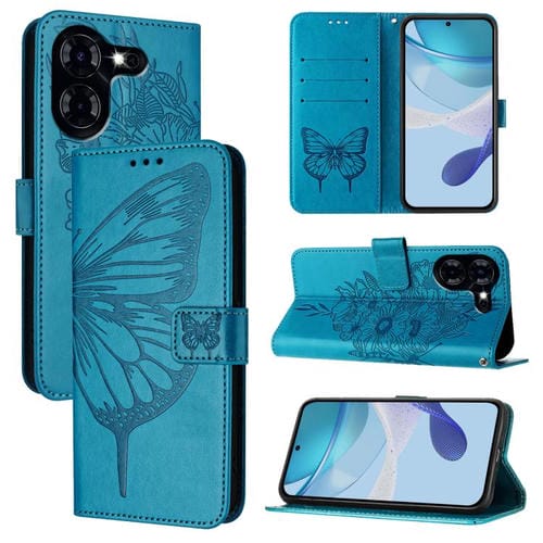 Funda de piel con diseño de mariposa en relieve para Tecno Pova 5 4G (azul)