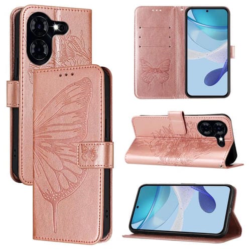 Funda de piel con diseño de mariposa en relieve para Tecno Pova 5 4G (oro rosa)