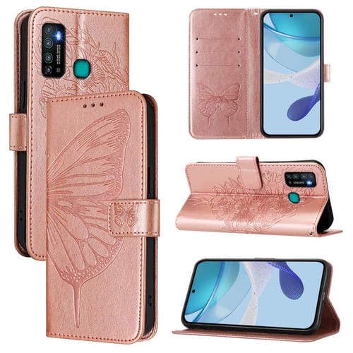 Funda de Cuero para Infinix Hot 9/9 Pro con Diseño de Mariposa en Relieve (Oro Rosa)