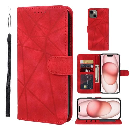 Funda para teléfono iPhone 15 Skin Feel cuero con líneas geométricas (Rojo) - MOVILSTORE