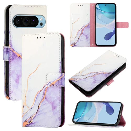 Funda de Cuero con Tapa para Google Pixel 9 Pro XL Pt003 con Patrón de Mármol (Blanco y Morado)