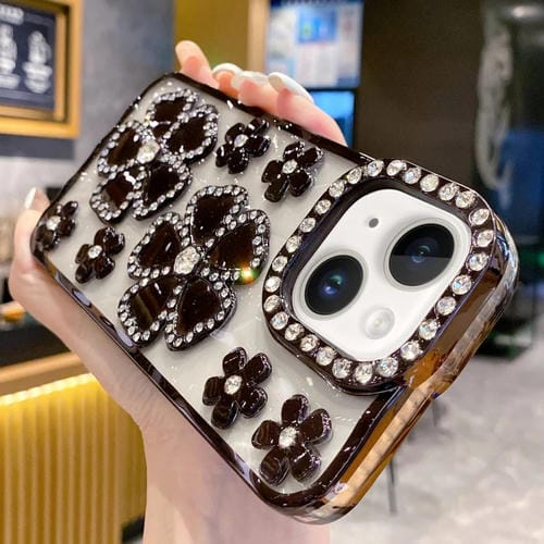 Funda para Teléfono TPU para iPhone 15 con Diamantes y Flores Galvanizada (Negro) - MOVILSTORE