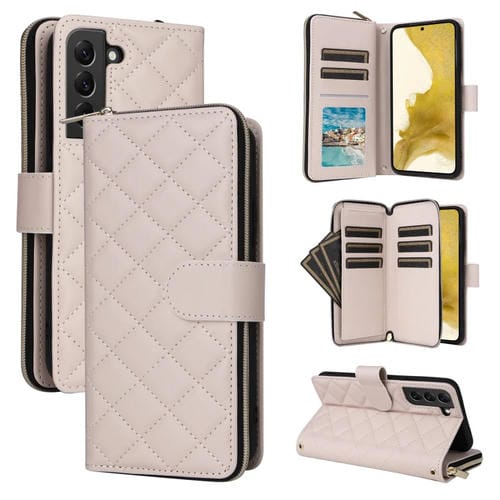 Funda Cruzada de Cuero Samsung Galaxy S22+ 5G con Hebilla y Cremallera Rómbica (Beige)