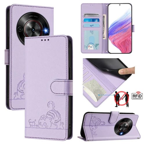 Funda de Cuero Rfid para ZTE Blade A75 5G con Estampado de Rata y Gato y Cordón (Morado)