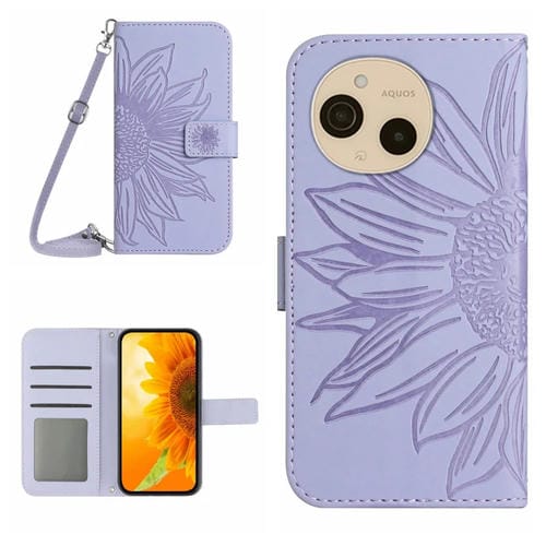 Funda de Cuero con Tapa y Cordón para Sharp Aquos Sense9 con Girasol en Relieve (Morado)