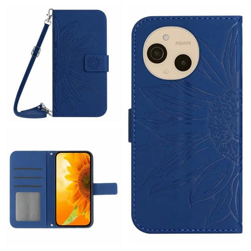 Funda de Cuero con Tapa y Cordón para Sharp Aquos Sense9 Diseño Girasol (Azul Oscuro)