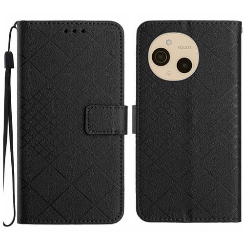 Funda de Cuero para Sharp Aquos Sense9 con Textura de Cuadrícula Rómbica (Negra)