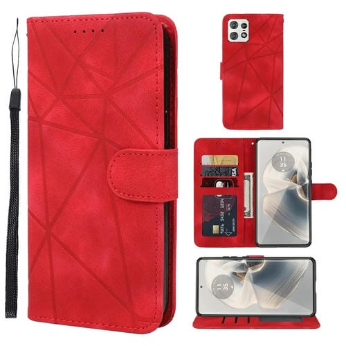 Funda de Cuero para Motorola Edge 50 Pro con Diseño Geométrico y Líneas (Rojo)