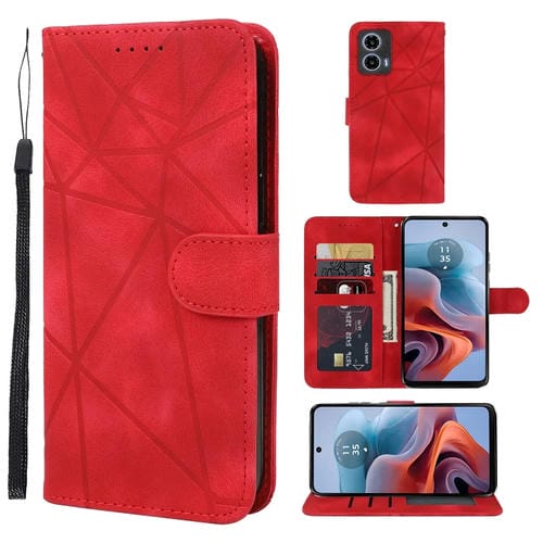 Funda de Cuero para Motorola Moto G34 con Líneas Geométricas y Tacto Suave (Rojo)