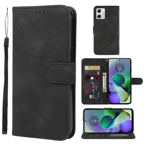 Funda de Cuero para Motorola Moto G54 con Diseño Geométrico y Líneas (Negro)