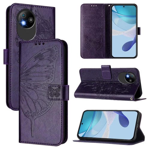 Funda de Cuero para ZTE Blade A35 Lite/A35 Core con Mariposa en Relieve (Morado Oscuro)