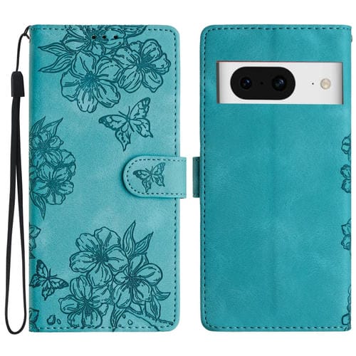Funda de Teléfono PU Google Pixel 8 Relieve Mariposa Diseño Flor de Cerezo (Verde)