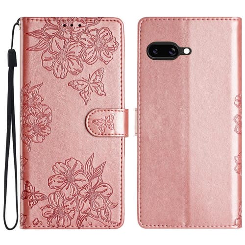 Funda de Teléfono PU Google Pixel 9A con Relieve Mariposa y Flor de Cerezo (Oro Rosa)