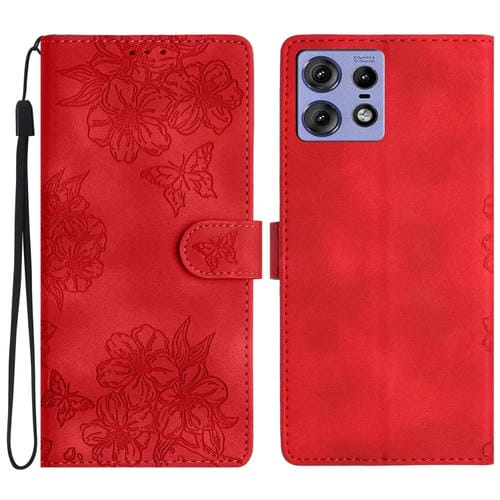 Funda de PU con Relieve de Mariposa y Flor de Cerezo para Motorola Edge 50 Pro (Rojo)