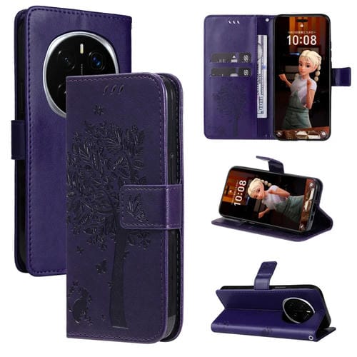 Funda de Cuero con Tapa para Honor Magic7 Pro Diseño Árbol y Gato en Relieve (Morado)