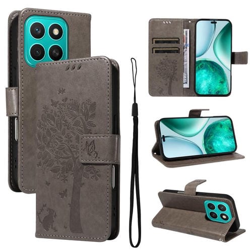 Funda de Cuero con Tapa para Honor X8C 4G Global con Estampado de Árbol y Gato (Gris)